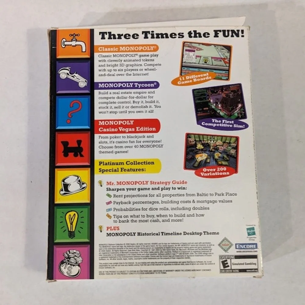 Vtg Monopoly Platinum Collection PC 3 Games Tycoon Casino Bonus Skateboard Token